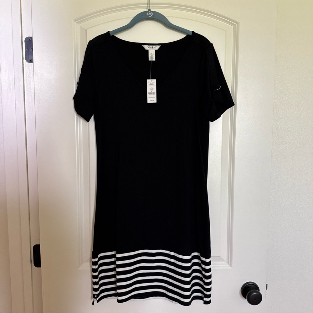 WHBM Black And White SS Vneck T Shirt Dress SLV DTl Size Small 570289787